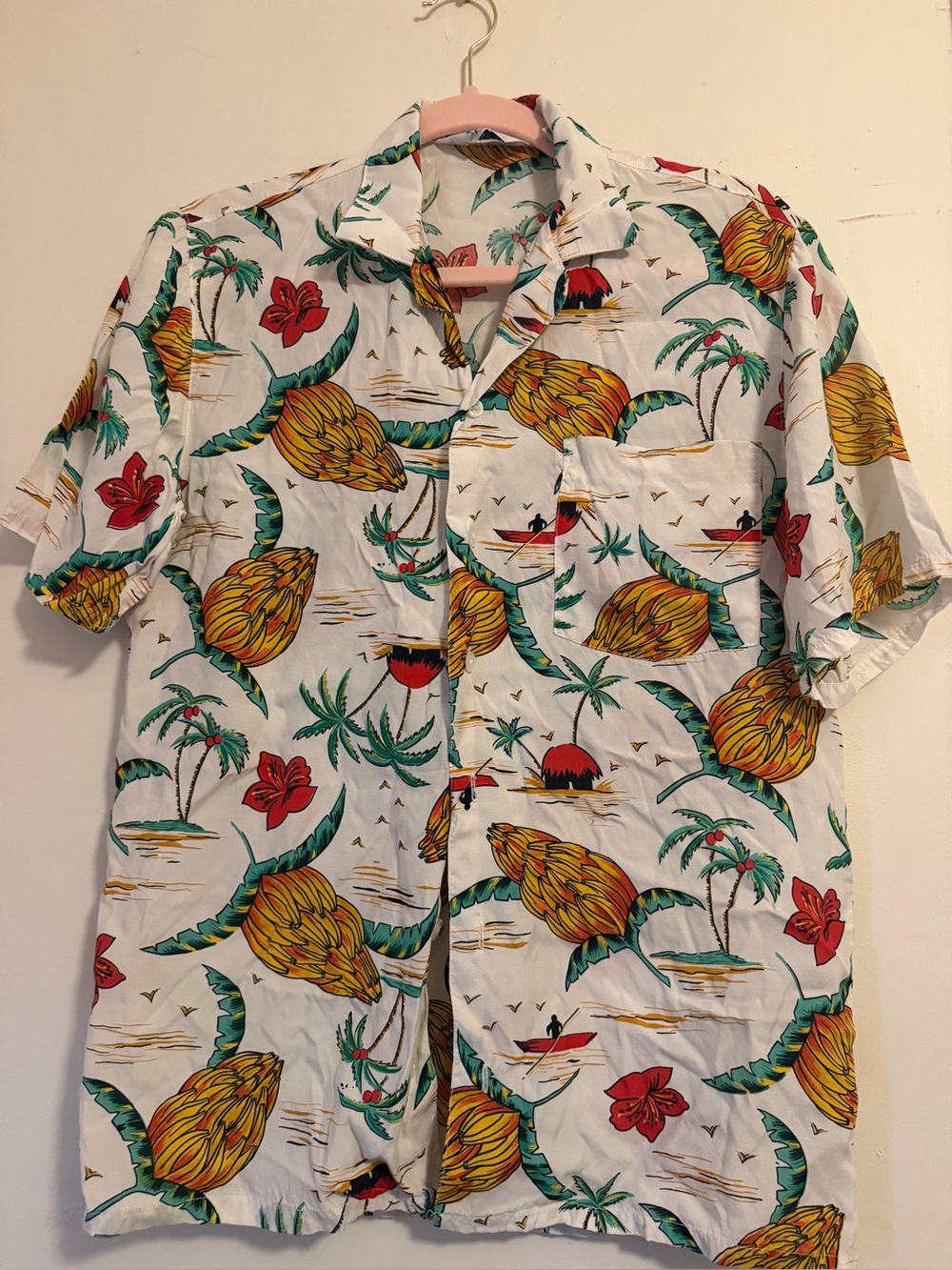 Men's Vintage Tropical Print Short-Sleeve Shirt Palm Trees and Bananas